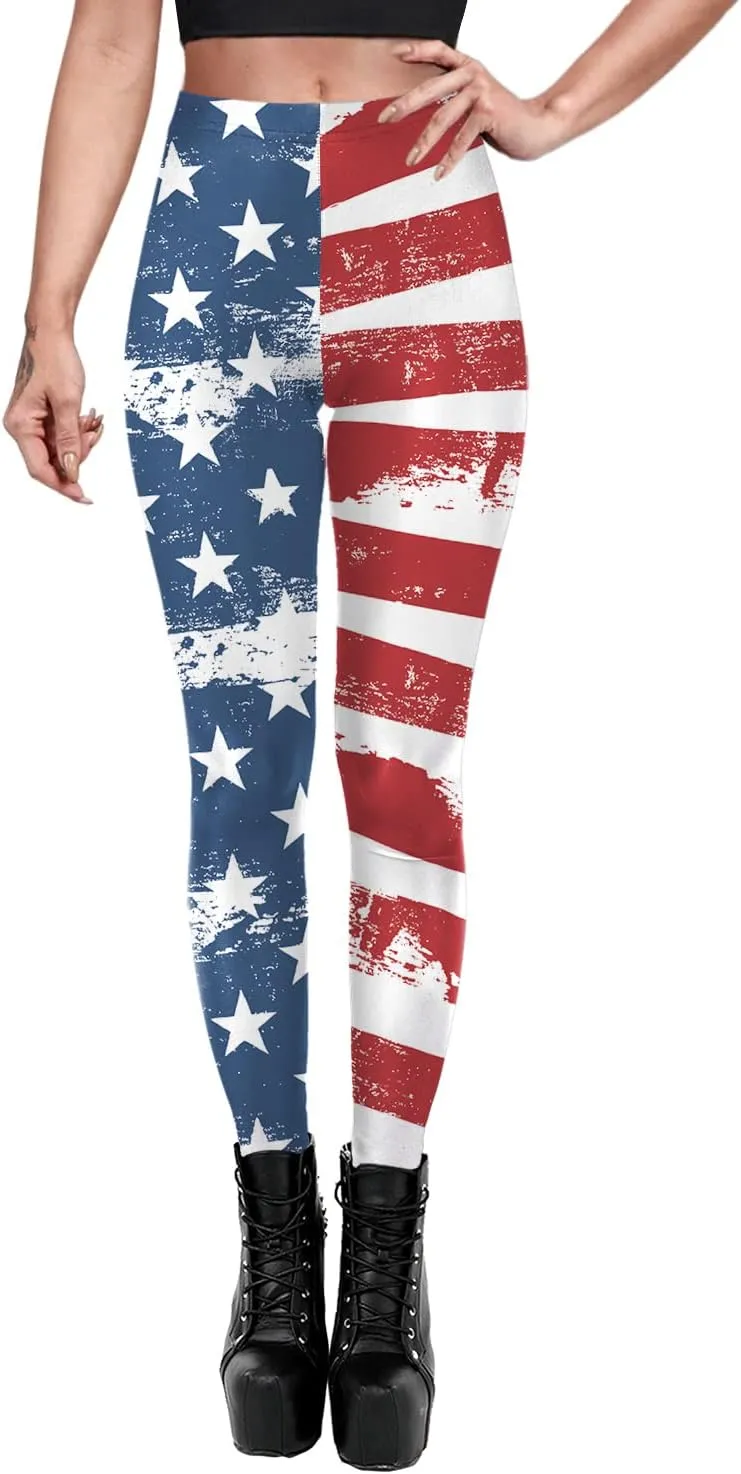 Eciodci Women's American Flag Leggings USA 4th of July Patriotic Stripes High Waist Soft Stretchy Yoga Pants