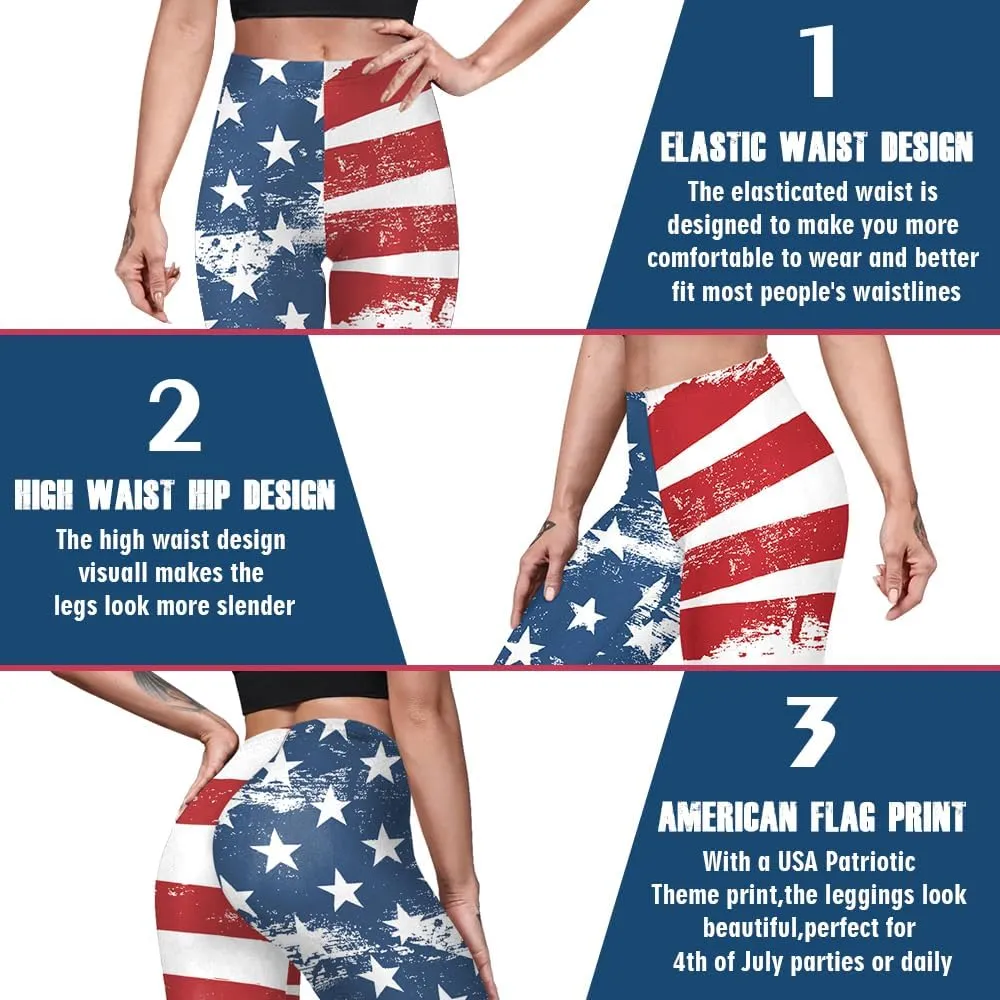 Eciodci Women's American Flag Leggings USA 4th of July Patriotic Stripes High Waist Soft Stretchy Yoga Pants