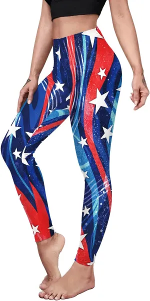 Eciodci Women's American Flag Leggings USA 4th of July Patriotic Stripes High Waist Soft Stretchy Yoga Pants