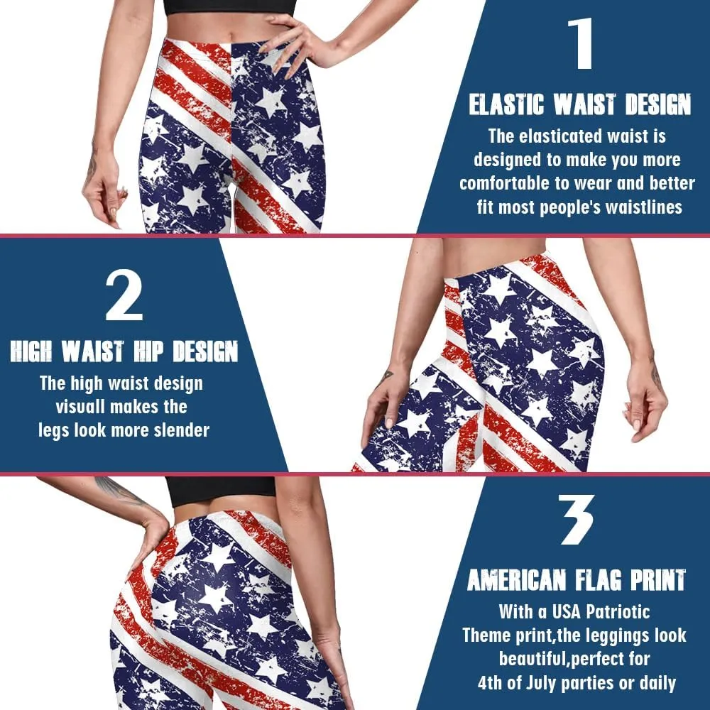 Eciodci Women's American Flag Leggings USA 4th of July Patriotic Stripes High Waist Soft Stretchy Yoga Pants