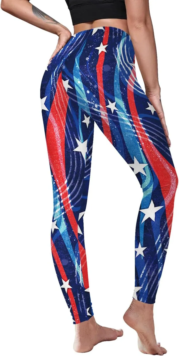 Eciodci Women's American Flag Leggings USA 4th of July Patriotic Stripes High Waist Soft Stretchy Yoga Pants