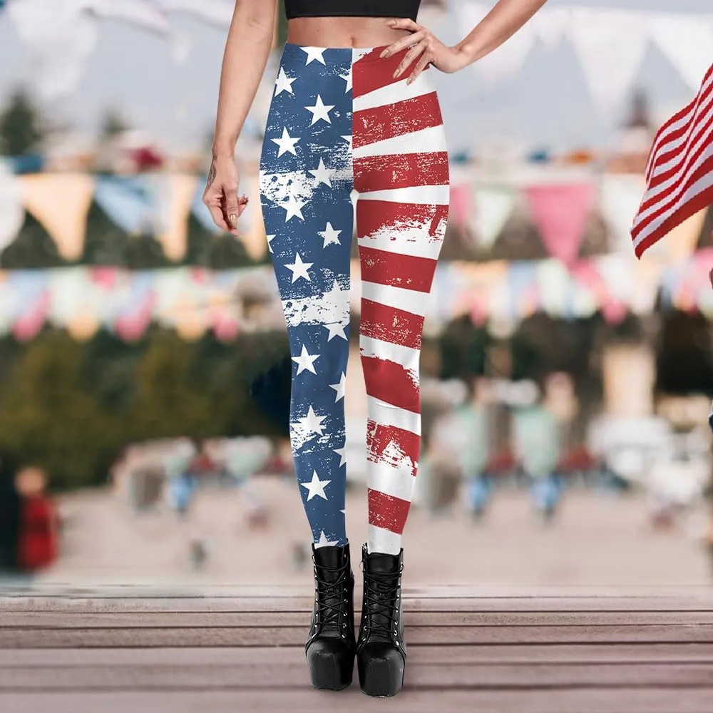 Eciodci Women's American Flag Leggings USA 4th of July Patriotic Stripes High Waist Soft Stretchy Yoga Pants