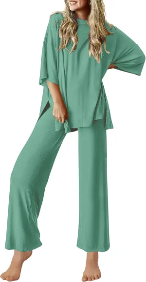 Ekouaer Lounge Sets for Women Short Sleeve Tops and Long Pants Soft Comfy Pajamas Set 2 Piece Outfits S-XXL