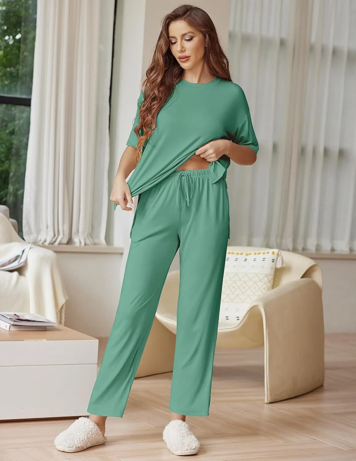Ekouaer Lounge Sets for Women Short Sleeve Tops and Long Pants Soft Comfy Pajamas Set 2 Piece Outfits S-XXL