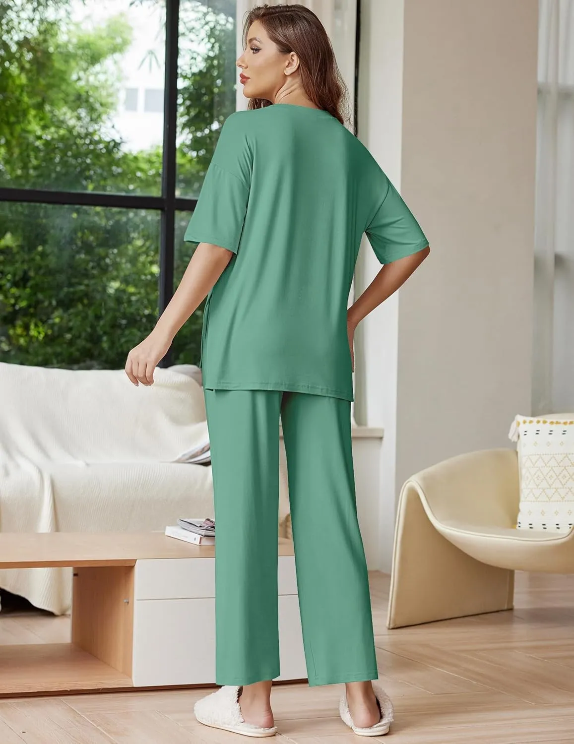 Ekouaer Lounge Sets for Women Short Sleeve Tops and Long Pants Soft Comfy Pajamas Set 2 Piece Outfits S-XXL