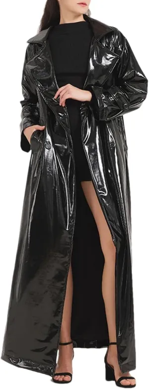 Fnfmrfmr Women Black Reflective Soft Patent Leather Trench Coat Double Breasted Pockets Extra Long Jacket