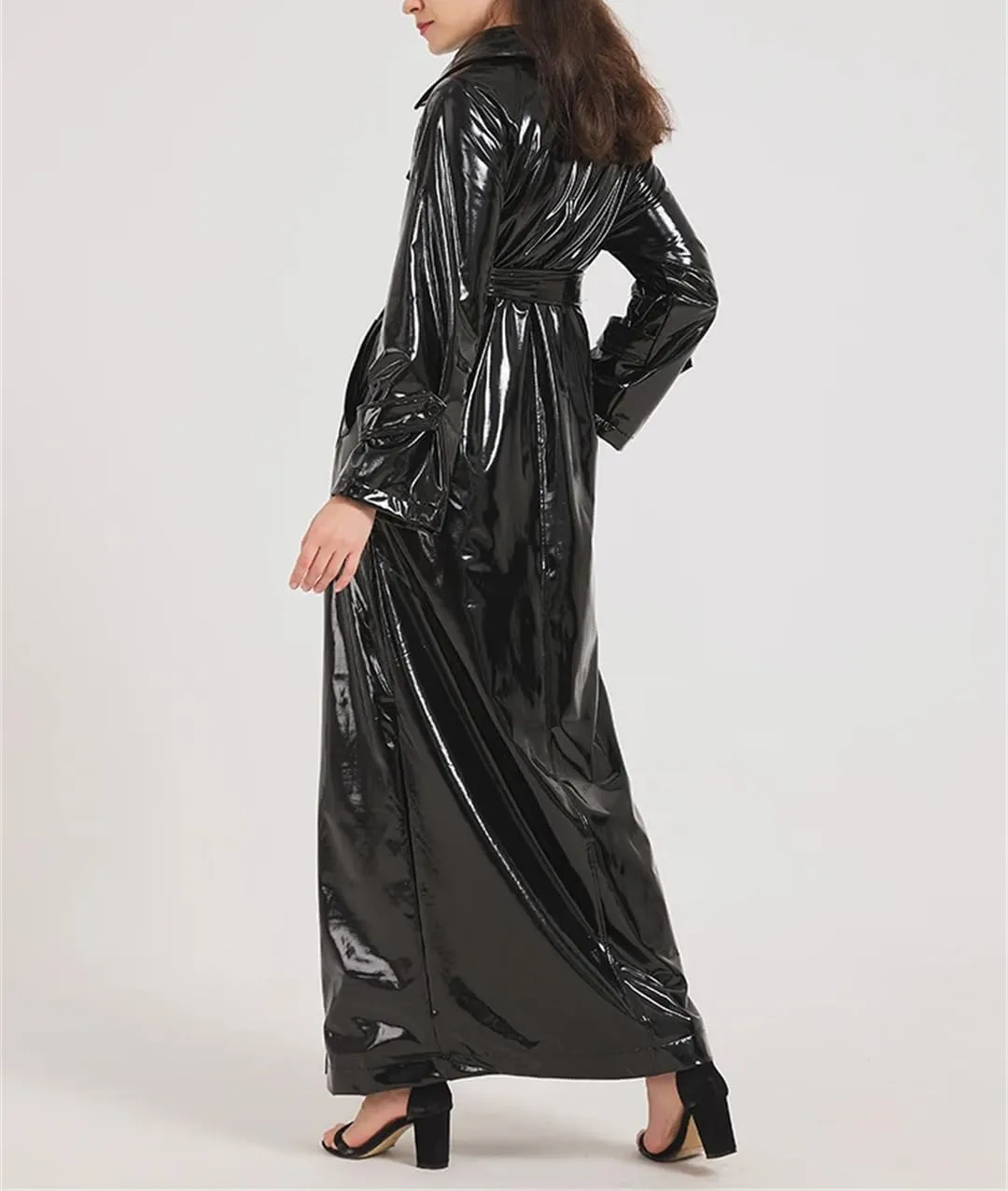 Fnfmrfmr Women Black Reflective Soft Patent Leather Trench Coat Double Breasted Pockets Extra Long Jacket