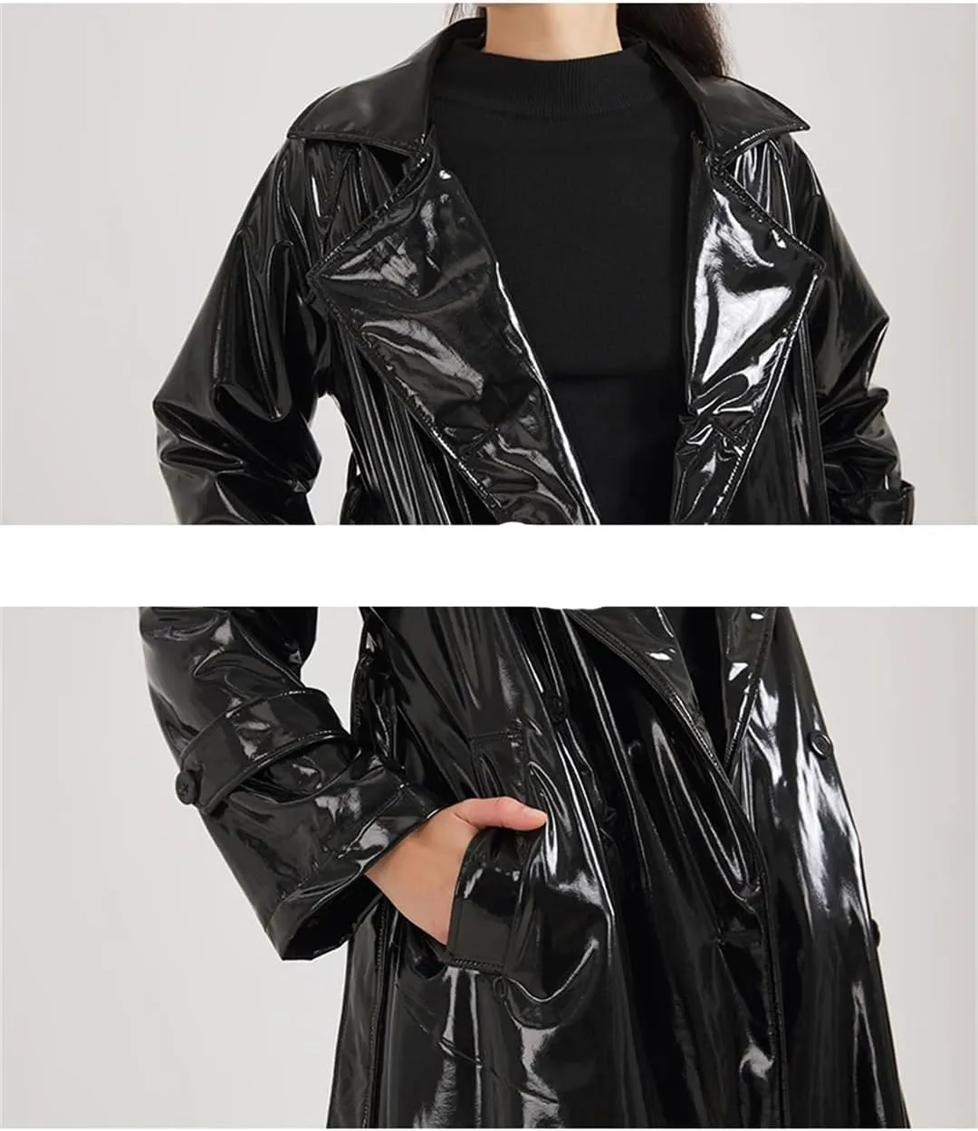 Fnfmrfmr Women Black Reflective Soft Patent Leather Trench Coat Double Breasted Pockets Extra Long Jacket