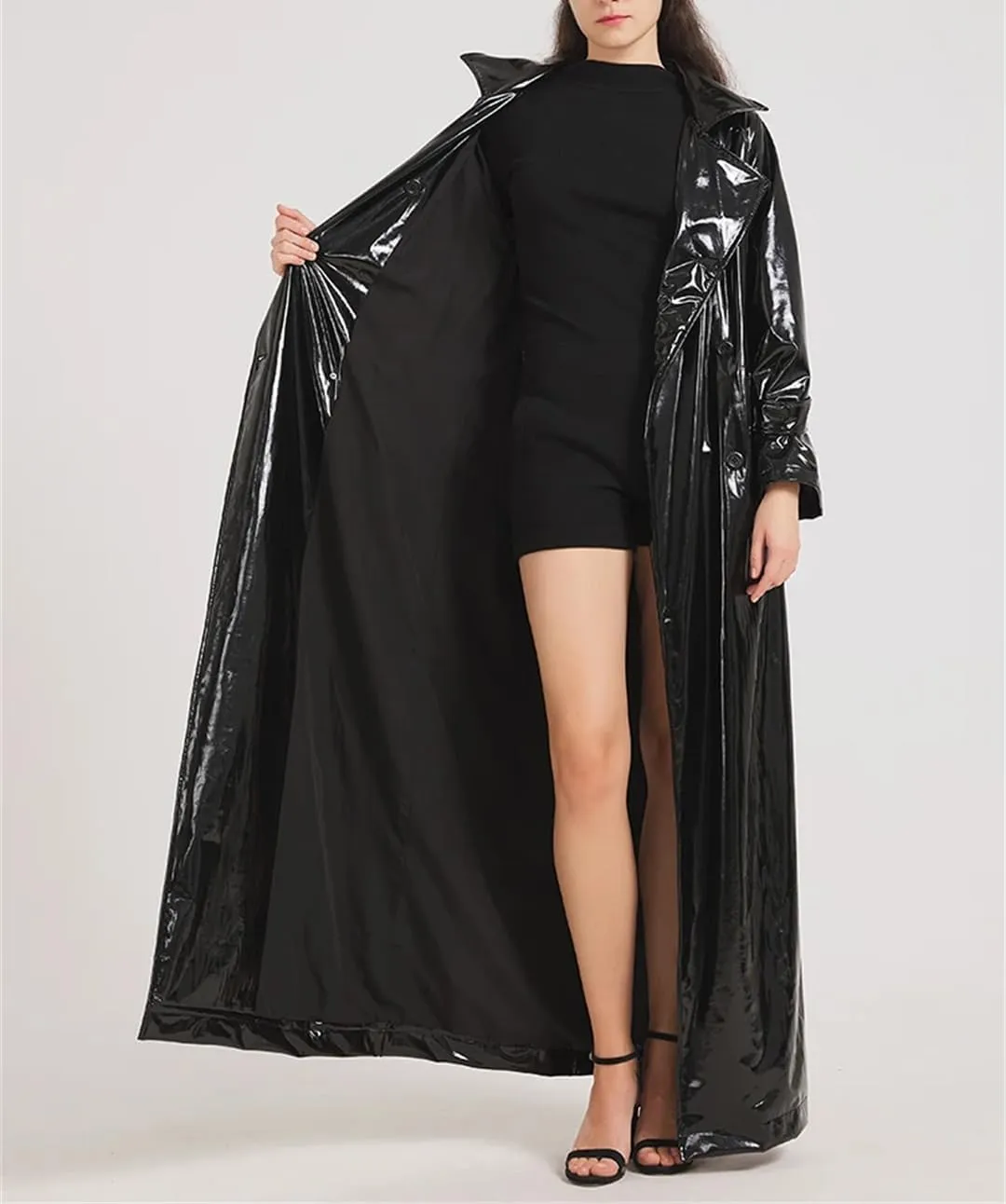 Fnfmrfmr Women Black Reflective Soft Patent Leather Trench Coat Double Breasted Pockets Extra Long Jacket