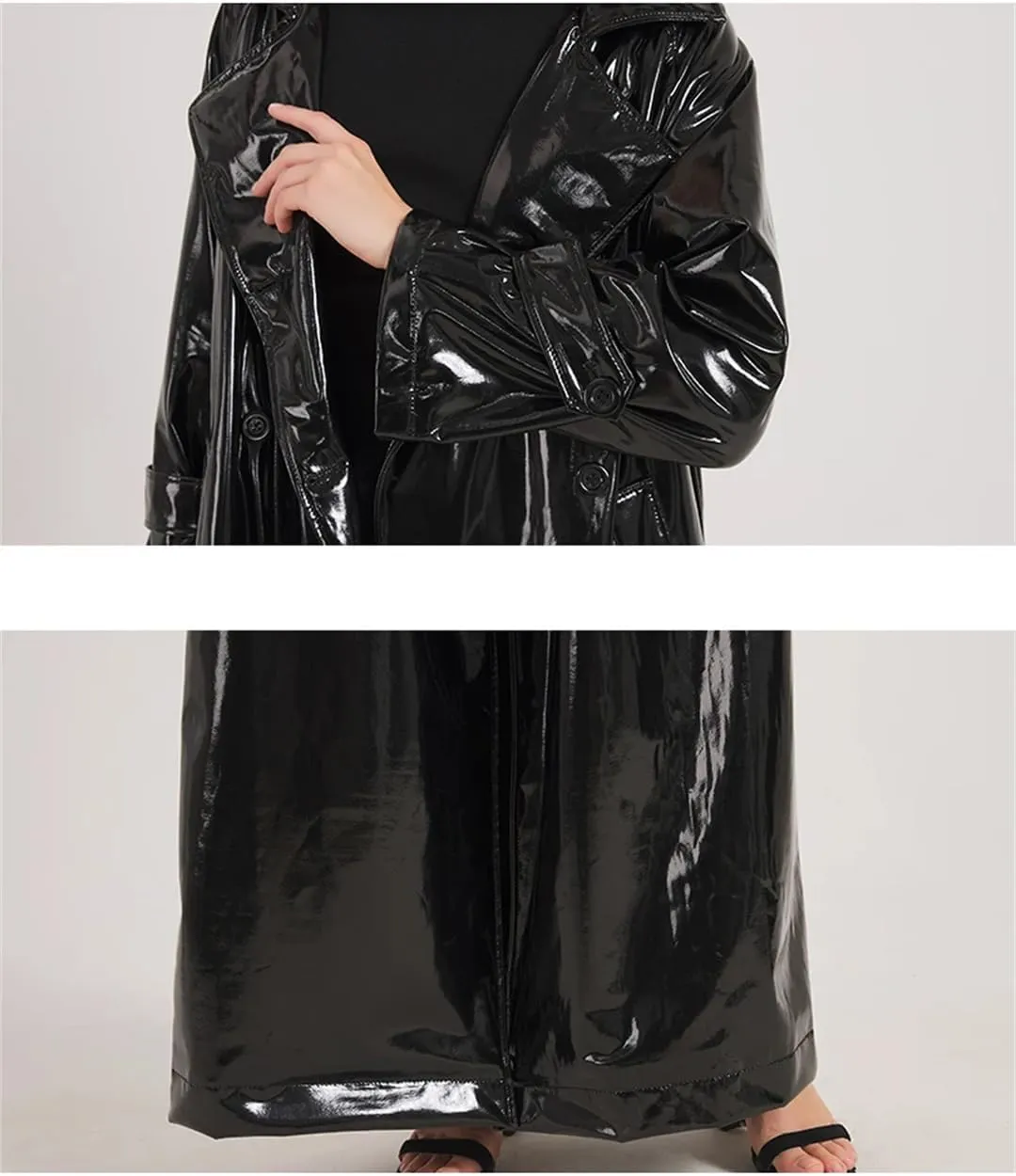 Fnfmrfmr Women Black Reflective Soft Patent Leather Trench Coat Double Breasted Pockets Extra Long Jacket