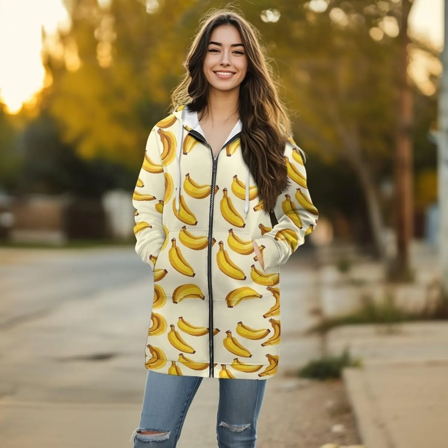 Full Zip up Hoodies Mid-Length Sweatshirt Cardigan Loose Casual Jackets Trendy Coat with Pockets S-3XL