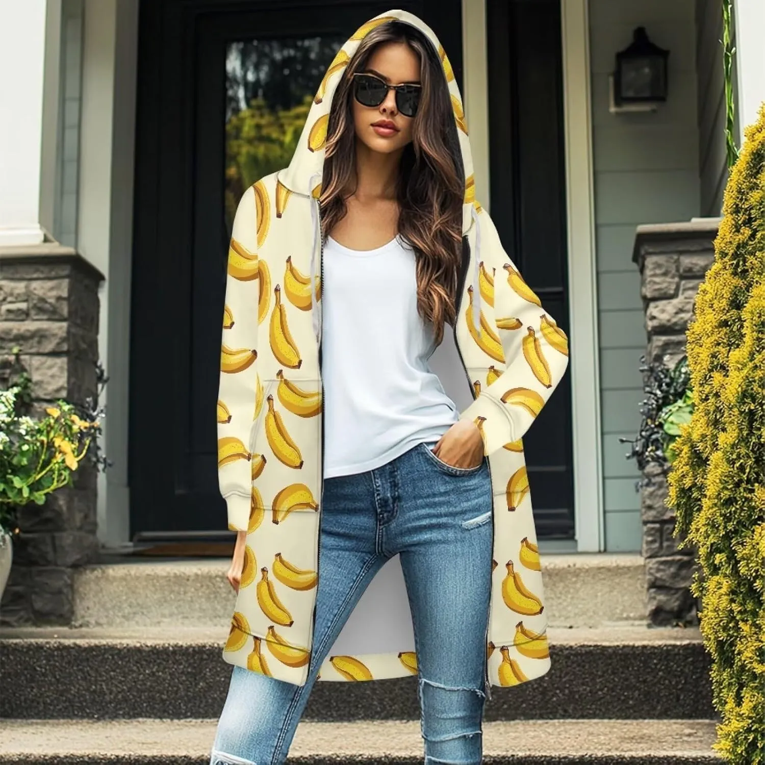 Full Zip up Hoodies Mid-Length Sweatshirt Cardigan Loose Casual Jackets Trendy Coat with Pockets S-3XL