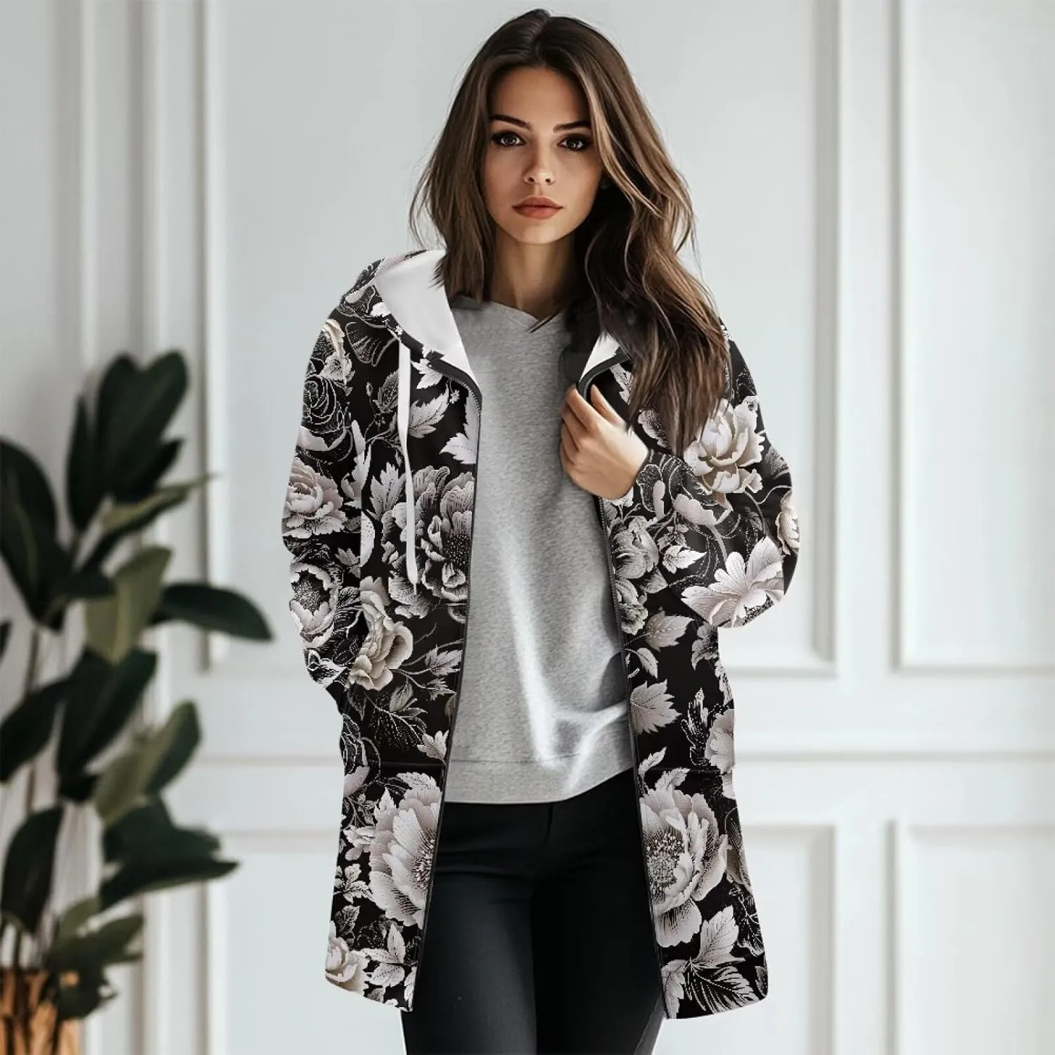 Full Zip up Hoodies Mid-Length Sweatshirt Cardigan Loose Casual Jackets Trendy Coat with Pockets S-3XL