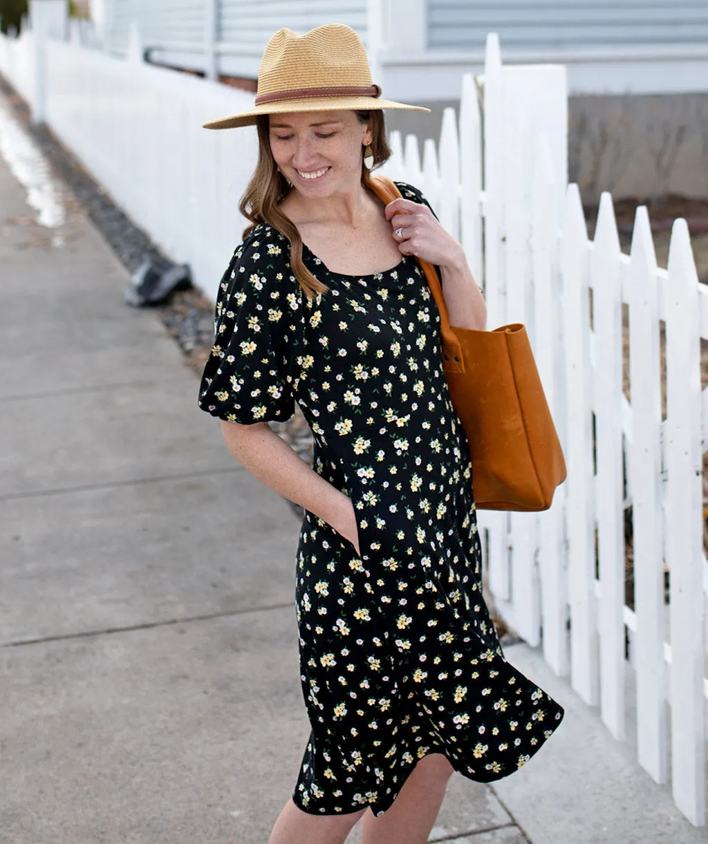 GISEL smocked fit-and-flare dress in Black Floral