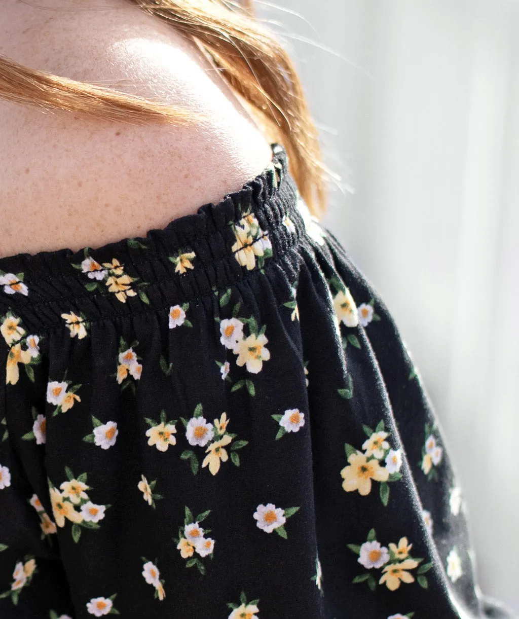 GISEL smocked fit-and-flare dress in Black Floral
