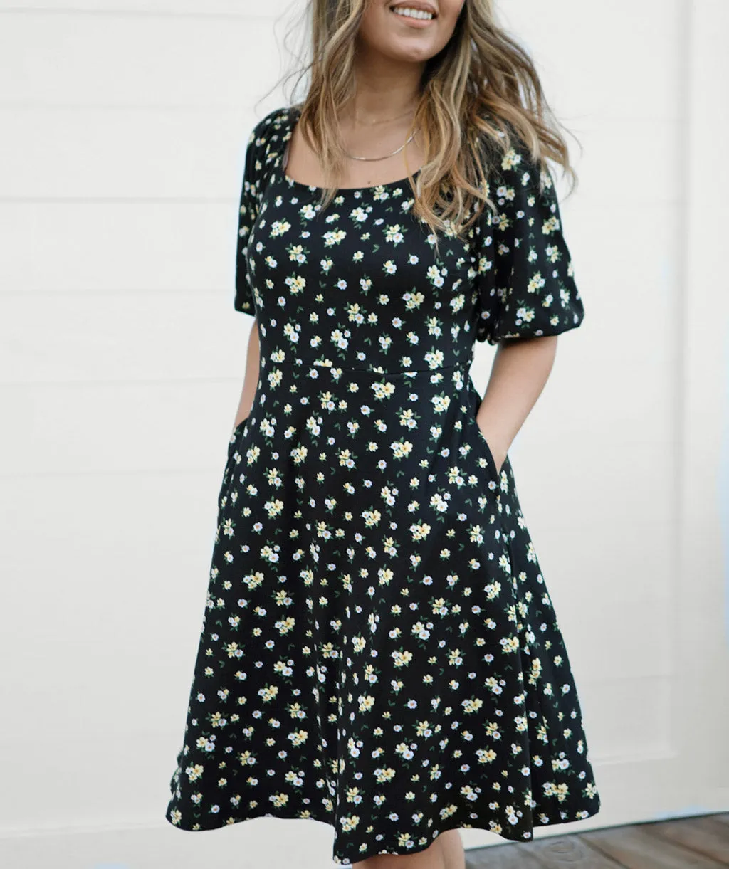 GISEL smocked fit-and-flare dress in Black Floral