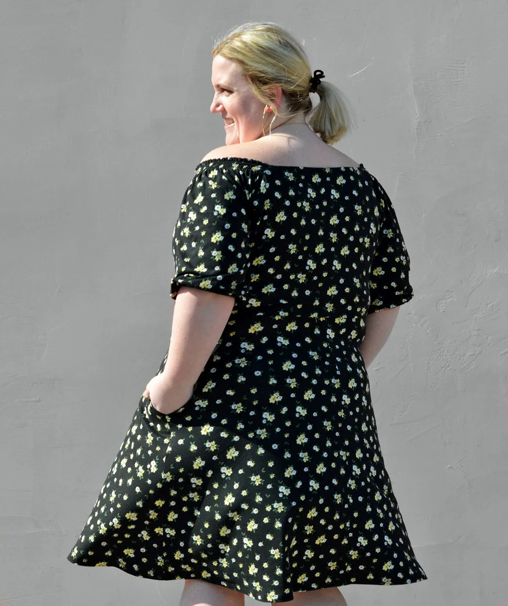 GISEL smocked fit-and-flare dress in Black Floral