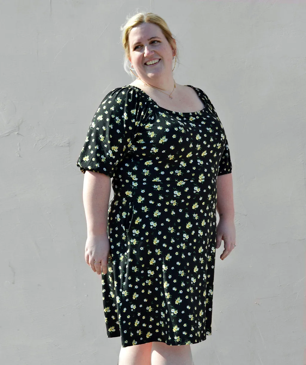 GISEL smocked fit-and-flare dress in Black Floral