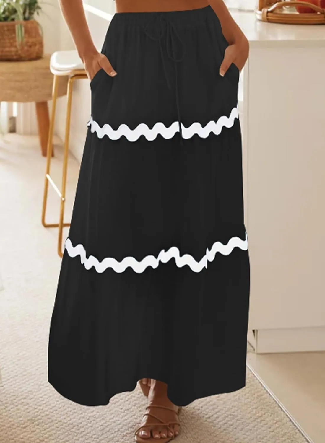 Happy Sailed Womens Boho Maxi Skirts Colorblock Wave Striped Elastic High Waist A Line Flowy Long Skirts with Pockets