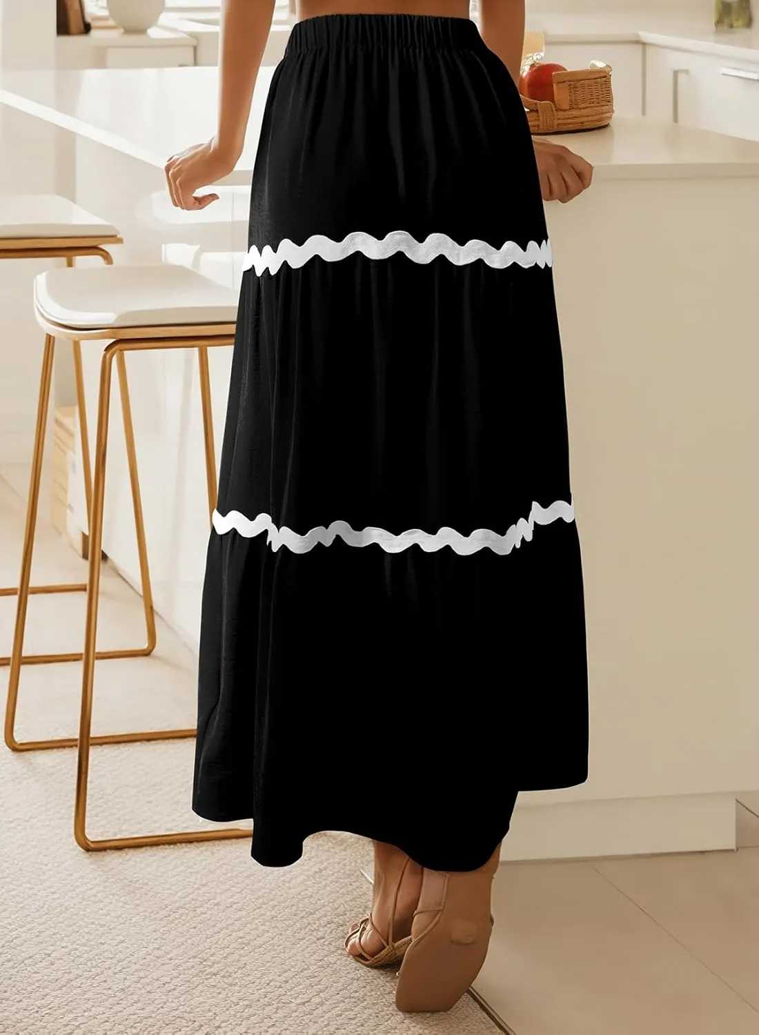 Happy Sailed Womens Boho Maxi Skirts Colorblock Wave Striped Elastic High Waist A Line Flowy Long Skirts with Pockets