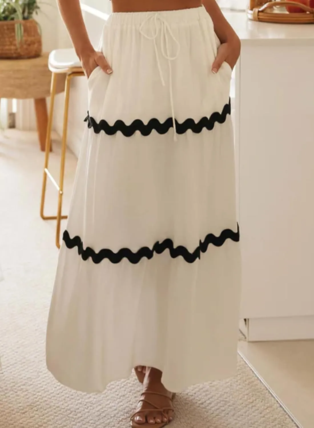 Happy Sailed Womens Boho Maxi Skirts Colorblock Wave Striped Elastic High Waist A Line Flowy Long Skirts with Pockets