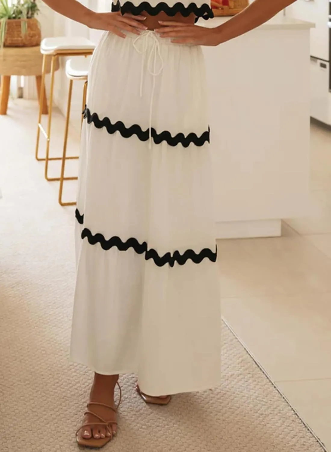 Happy Sailed Womens Boho Maxi Skirts Colorblock Wave Striped Elastic High Waist A Line Flowy Long Skirts with Pockets