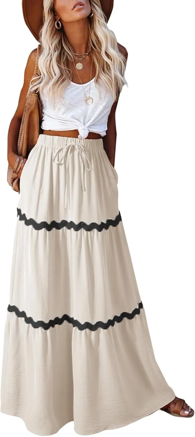 Happy Sailed Womens Boho Maxi Skirts Colorblock Wave Striped Elastic High Waist A Line Flowy Long Skirts with Pockets