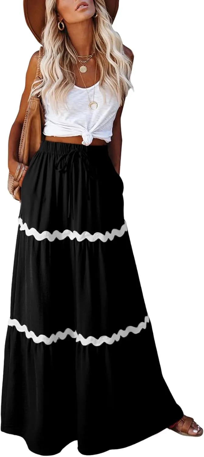 Happy Sailed Womens Boho Maxi Skirts Colorblock Wave Striped Elastic High Waist A Line Flowy Long Skirts with Pockets