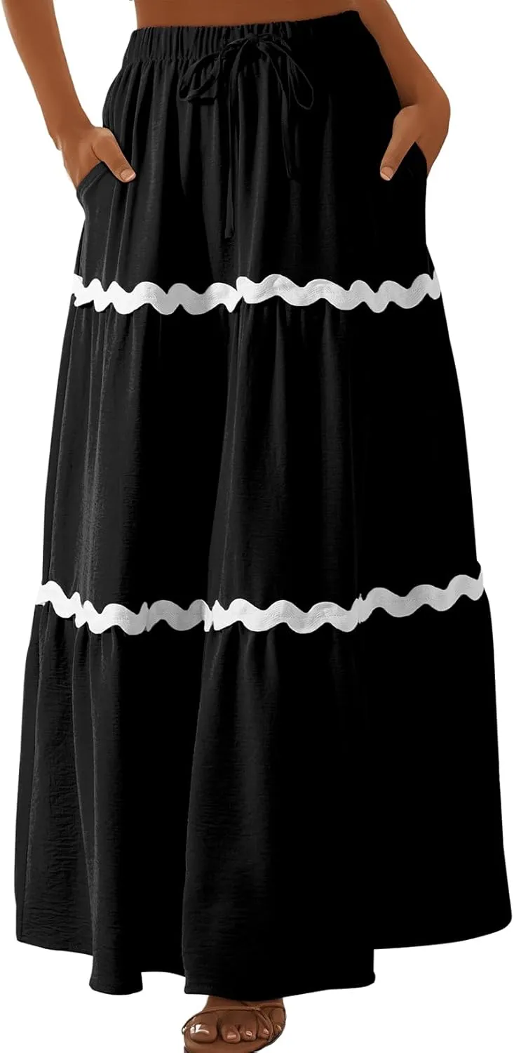 Happy Sailed Womens Boho Maxi Skirts Colorblock Wave Striped Elastic High Waist A Line Flowy Long Skirts with Pockets