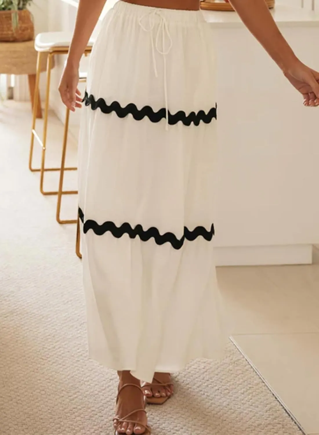 Happy Sailed Womens Boho Maxi Skirts Colorblock Wave Striped Elastic High Waist A Line Flowy Long Skirts with Pockets