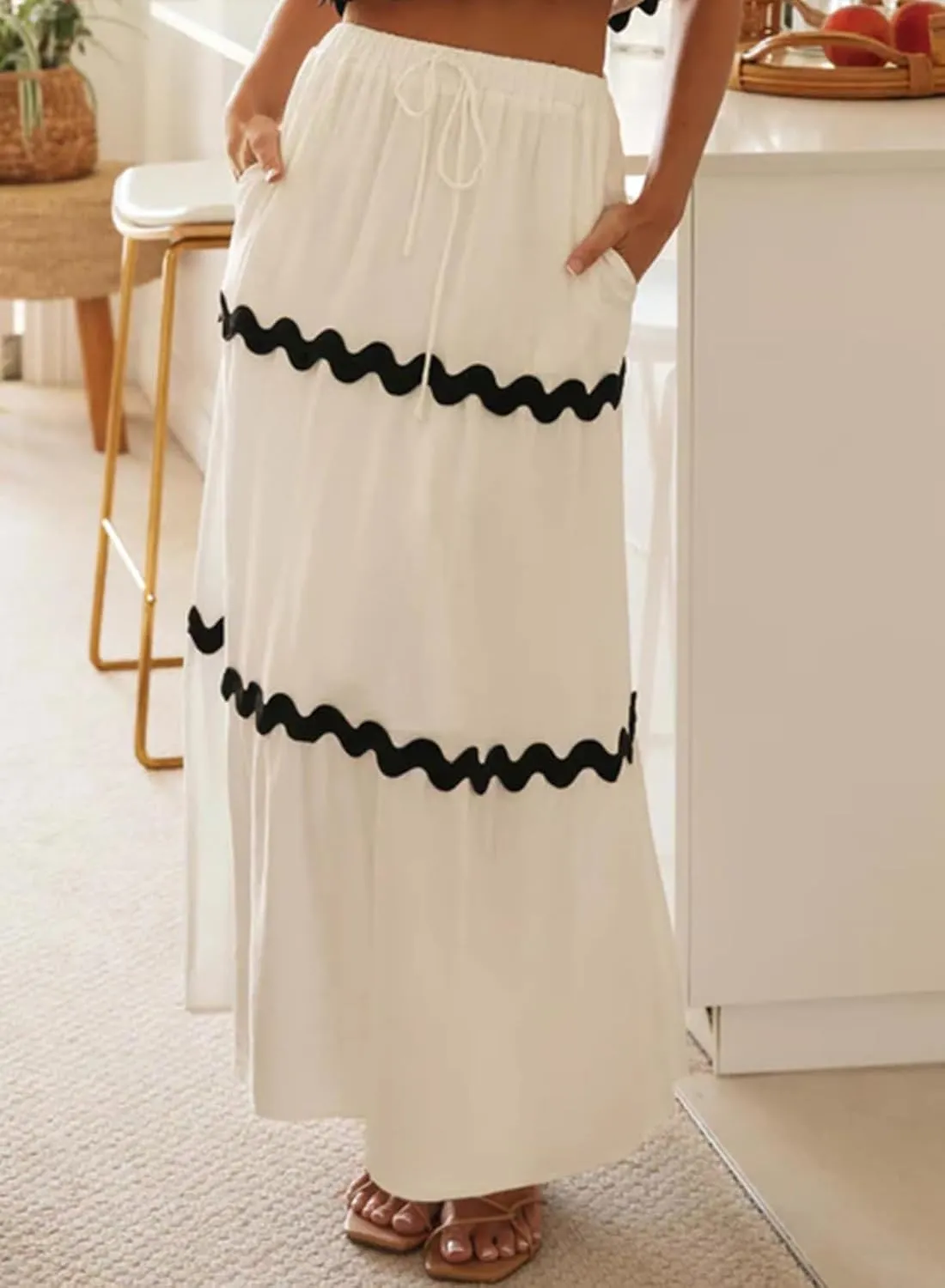 Happy Sailed Womens Boho Maxi Skirts Colorblock Wave Striped Elastic High Waist A Line Flowy Long Skirts with Pockets