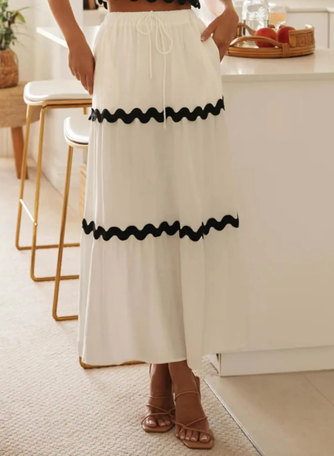 Happy Sailed Womens Boho Maxi Skirts Colorblock Wave Striped Elastic High Waist A Line Flowy Long Skirts with Pockets