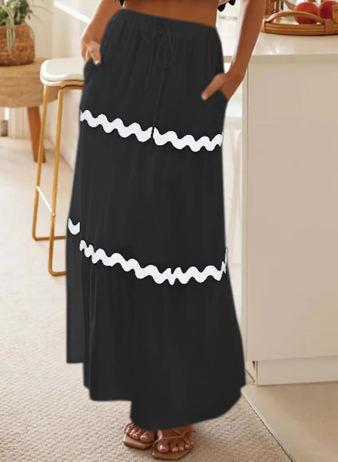 Happy Sailed Womens Boho Maxi Skirts Colorblock Wave Striped Elastic High Waist A Line Flowy Long Skirts with Pockets