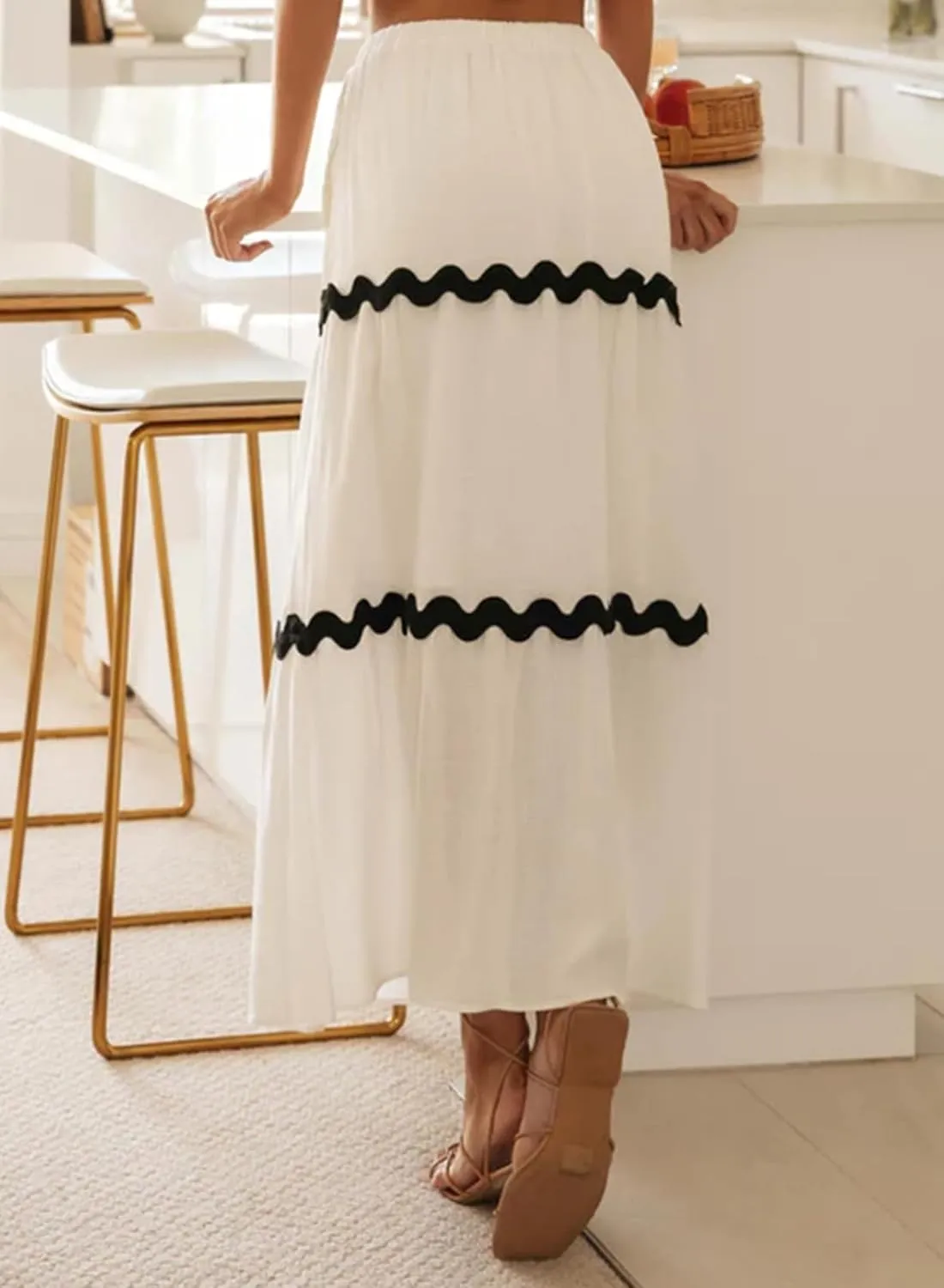 Happy Sailed Womens Boho Maxi Skirts Colorblock Wave Striped Elastic High Waist A Line Flowy Long Skirts with Pockets