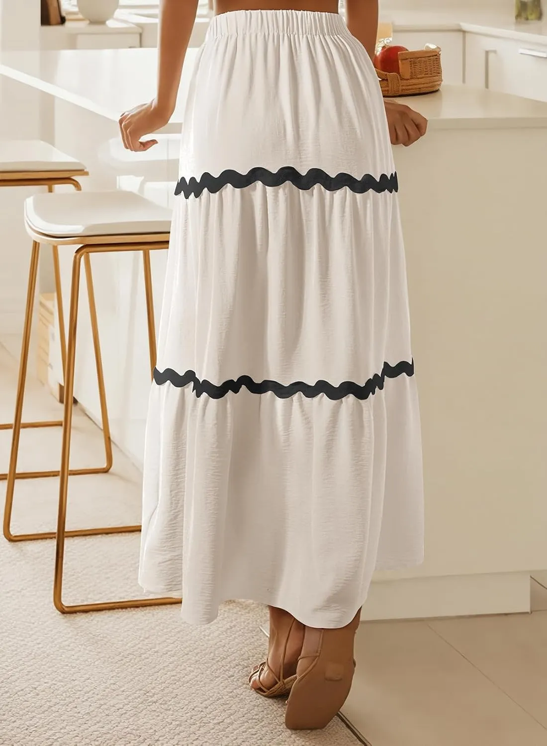 Happy Sailed Womens Boho Maxi Skirts Colorblock Wave Striped Elastic High Waist A Line Flowy Long Skirts with Pockets