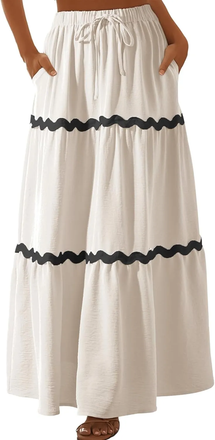Happy Sailed Womens Boho Maxi Skirts Colorblock Wave Striped Elastic High Waist A Line Flowy Long Skirts with Pockets