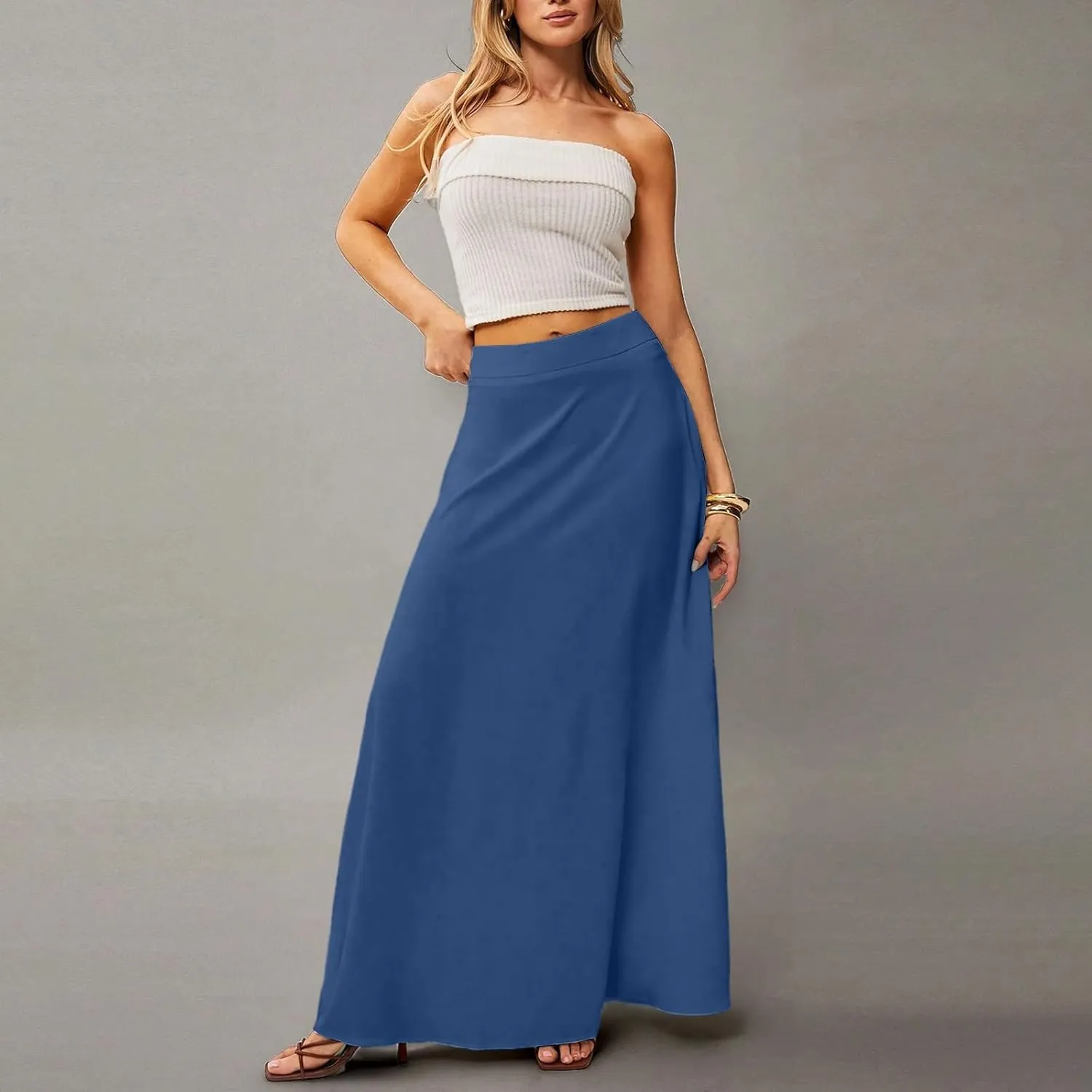 HAVUITYY Women's 2025 Bohemian Long Skirts Casual Solid Color Flowy High Waist A Line Summer Maxi Skirts for Women