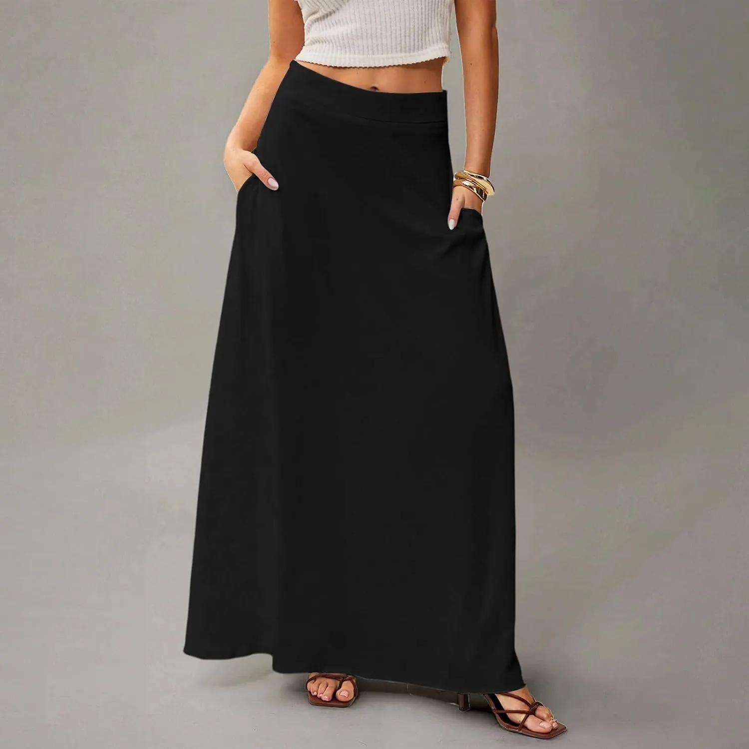 HAVUITYY Women's 2025 Bohemian Long Skirts Casual Solid Color Flowy High Waist A Line Summer Maxi Skirts for Women
