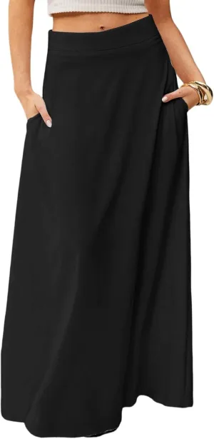 HAVUITYY Women's 2025 Bohemian Long Skirts Casual Solid Color Flowy High Waist A Line Summer Maxi Skirts for Women