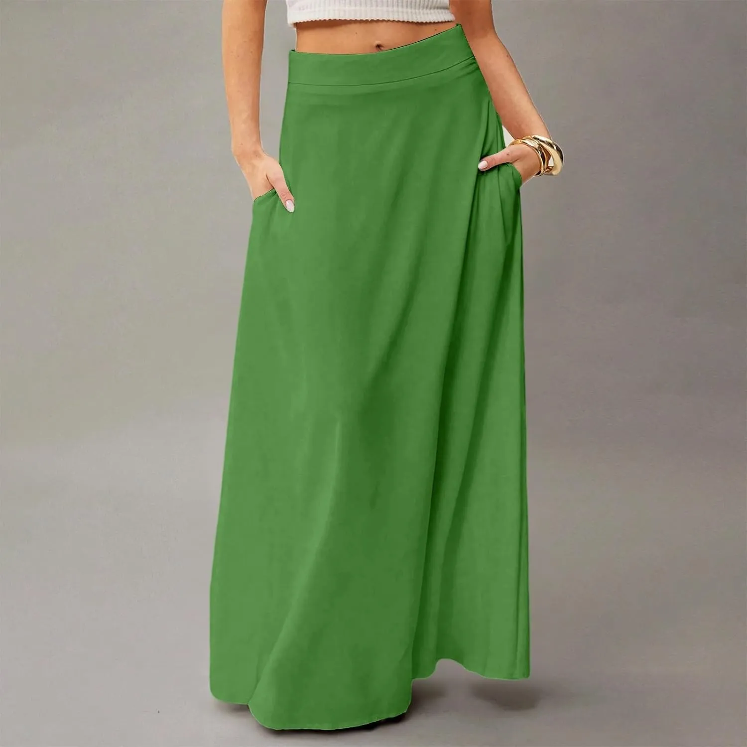 HAVUITYY Women's 2025 Bohemian Long Skirts Casual Solid Color Flowy High Waist A Line Summer Maxi Skirts for Women