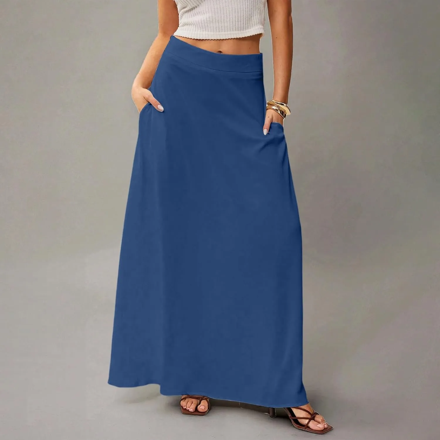 HAVUITYY Women's 2025 Bohemian Long Skirts Casual Solid Color Flowy High Waist A Line Summer Maxi Skirts for Women