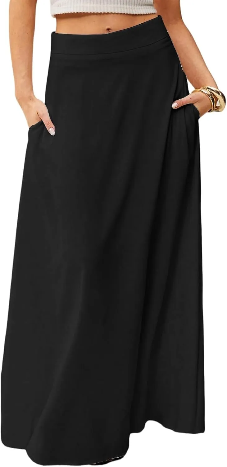 HAVUITYY Women's 2025 Bohemian Long Skirts Casual Solid Color Flowy High Waist A Line Summer Maxi Skirts for Women