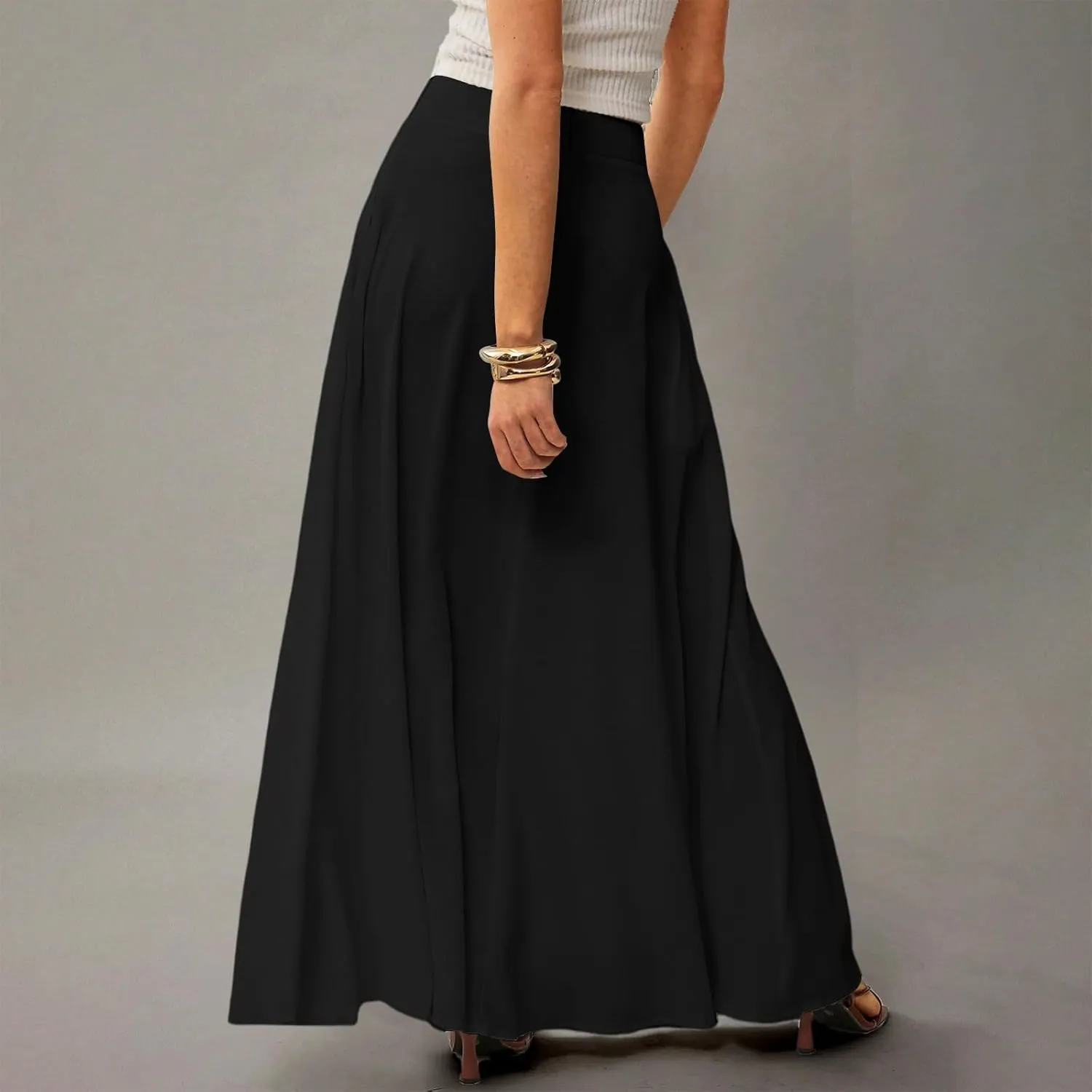 HAVUITYY Women's 2025 Bohemian Long Skirts Casual Solid Color Flowy High Waist A Line Summer Maxi Skirts for Women