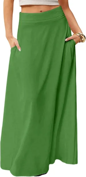 HAVUITYY Women's 2025 Bohemian Long Skirts Casual Solid Color Flowy High Waist A Line Summer Maxi Skirts for Women