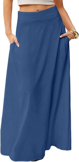 HAVUITYY Women's 2025 Bohemian Long Skirts Casual Solid Color Flowy High Waist A Line Summer Maxi Skirts for Women