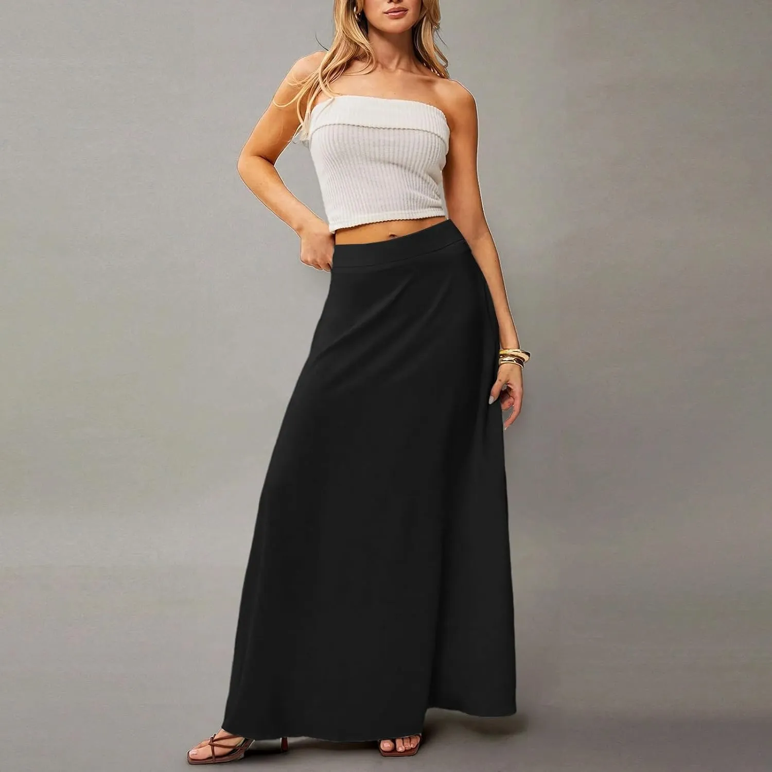 HAVUITYY Women's 2025 Bohemian Long Skirts Casual Solid Color Flowy High Waist A Line Summer Maxi Skirts for Women