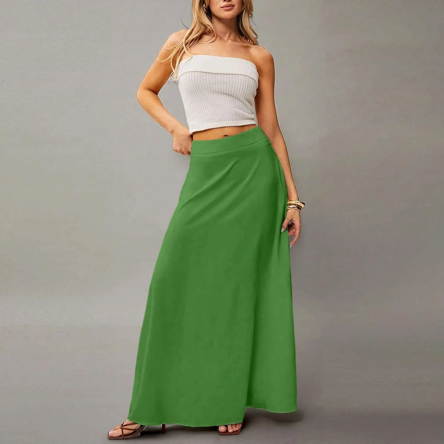 HAVUITYY Women's 2025 Bohemian Long Skirts Casual Solid Color Flowy High Waist A Line Summer Maxi Skirts for Women