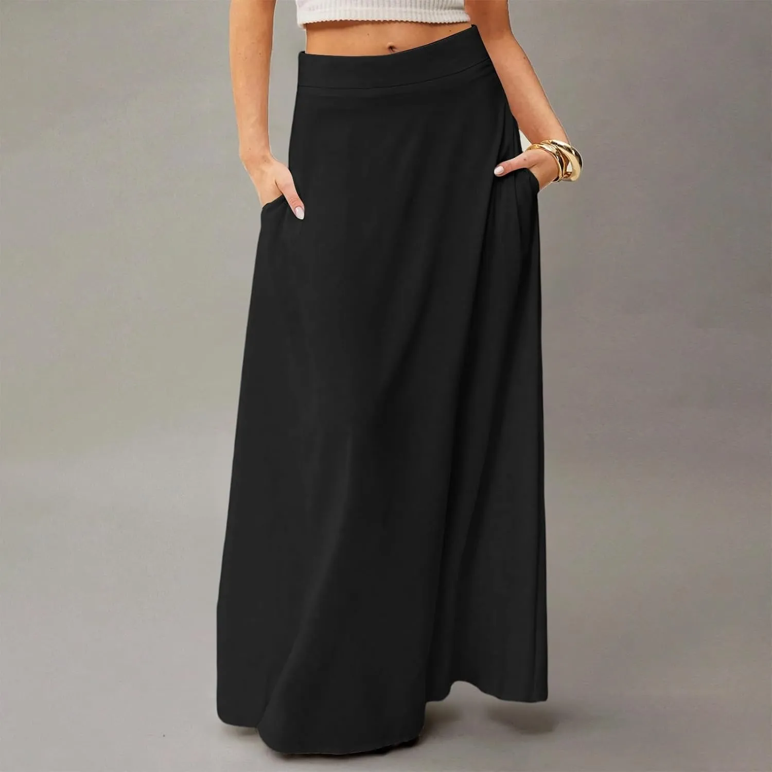 HAVUITYY Women's 2025 Bohemian Long Skirts Casual Solid Color Flowy High Waist A Line Summer Maxi Skirts for Women