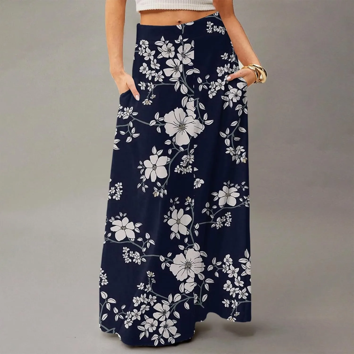 HAVUITYY Women's 2025 Bohemian Long Skirts Ditzy Floral Print Flowy High Waist A Line Summer Maxi Skirts for Women