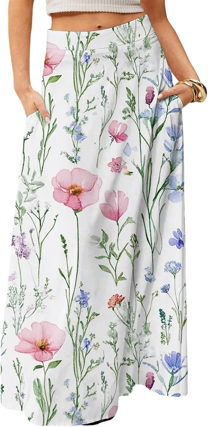 HAVUITYY Women's 2025 Bohemian Long Skirts Ditzy Floral Print Flowy High Waist A Line Summer Maxi Skirts for Women